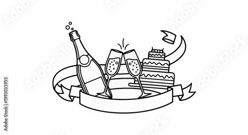 Celebration scene with champagne bottle, clinking glasses, tiered cake, and ribbon banner