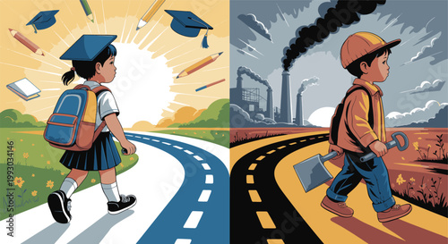 Children walking on divergent paths symbolize the stark contrast between educational opportunities and the harsh reality of child labor in industrial environments.