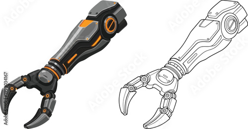 Futuristic robotic arm with claw detailed mechanical engineering illustration isolated on white background for technology concepts