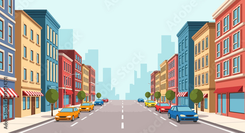 Cartoon City Street with Buildings and Cars, Urban Scene, Flat Design