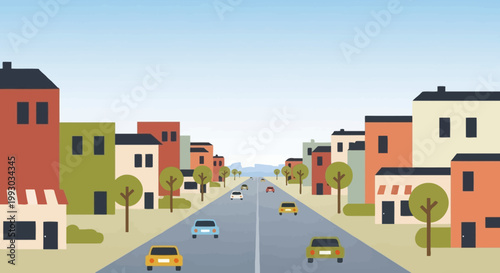 Cartoon City Street with Cars and Buildings, Flat Design, Urban Landscape