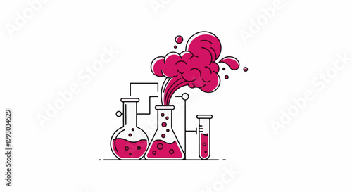 Colorful science experiment with bubbling flasks and a smoking reaction
