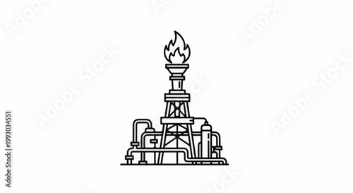 Industrial oil rig with a flare stack burning gas, connected by pipes