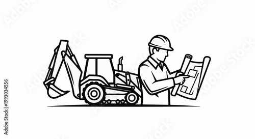 Construction worker reviews blueprint next to heavy machinery