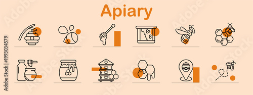Apiary beekeeping set icon. Hive bee honey dipper jar frame insect comb house dripping nectar production natural farm sweet collection process