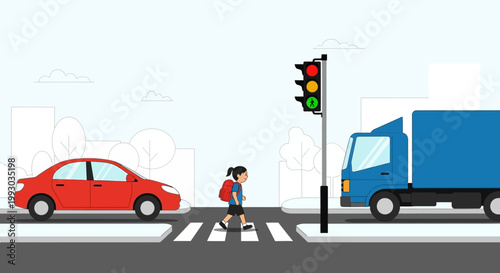 Child Crossing Street Safely at Pedestrian Crossing with Traffic Light
