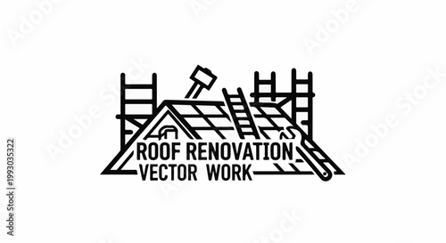 Detailed illustration of roof renovation tools, scaffolding, and roof structure
