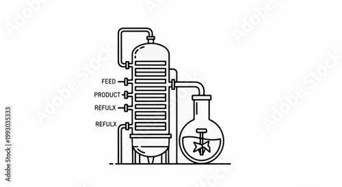 Distillation column with feedstock, product, and reflux lines