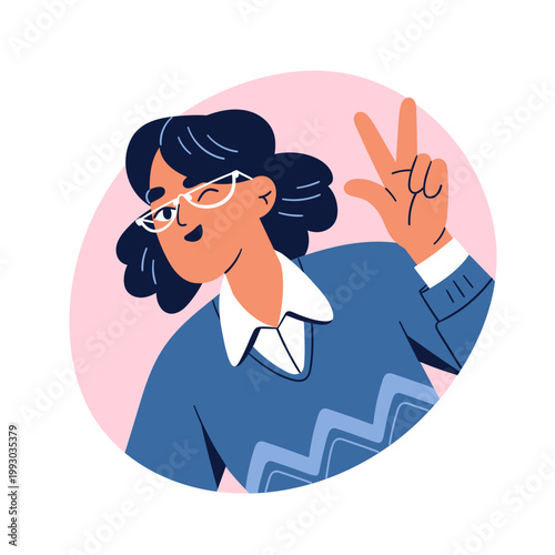 Woman in eye glasses, winking, smiling and showing V sign, victory gesture, f...