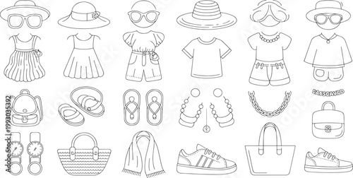 Fashion icons and summer apparel are arranged in a grid pattern to serve as a versatile design asset for seasonal retail marketing and lifestyle creative projects.