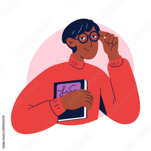 Black man in glasses, holding book. Smart intelligent male character avatar, ...