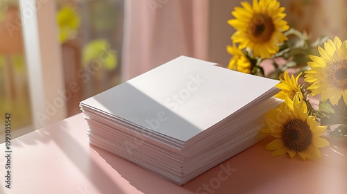 Stack of blank white paper with fresh yellow sunflowers on wooden table near window