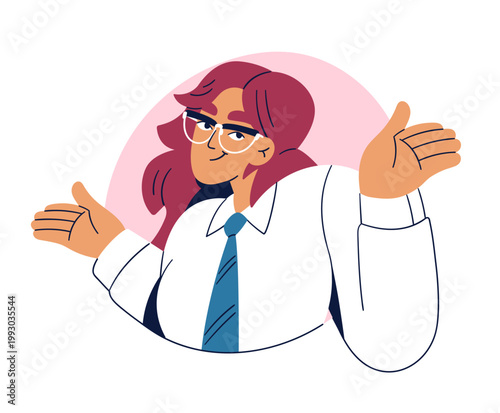 Woman in glasses, shrugging. Female character in shirt and tie, modern outfit with eyeglasses, spectacles. Girl gesturing, dont know expression. Flat vector illustration isolated on white background