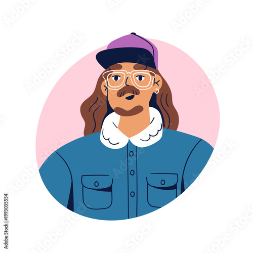 Man in modern outfit. Male character avatar, head portrait, in fashion accessories, glasses, baseball cap, long hair and mustache. Stylish person. Flat vector illustration isolated on white background