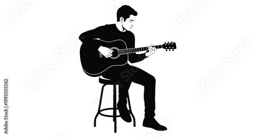 Black silhouette of man playing acoustic guitar, sitting on stool, music icon, vector illustration
