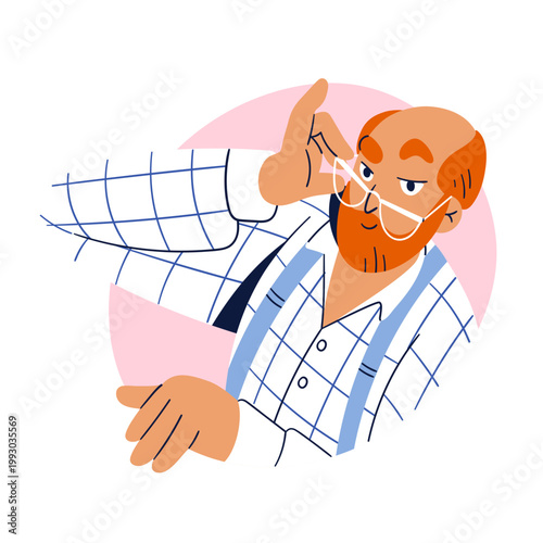 Curious man in glasses looking out, touching spectacles, eyeglasses, peeking. Mature male with specs, shirt, suspenders and balding head. Flat graphic vector illustration isolated on white background