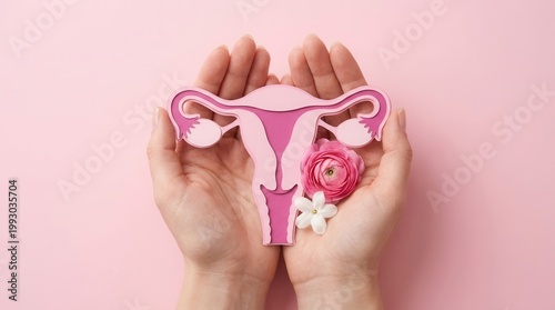Woman holding a uterus model and pink flowers for female reproductive system health concept.