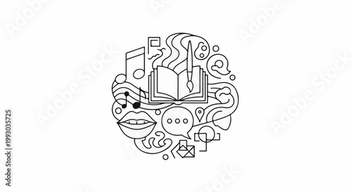 Creative inspiration symbolized by an open book, art brush, music notes, and communication icons