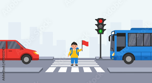 Child crossing street with flag, traffic light red, school bus and car stopped