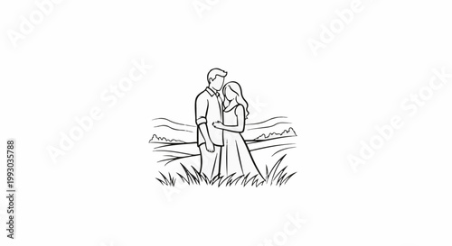 Couple embracing in a stylized field with rolling hills behind them