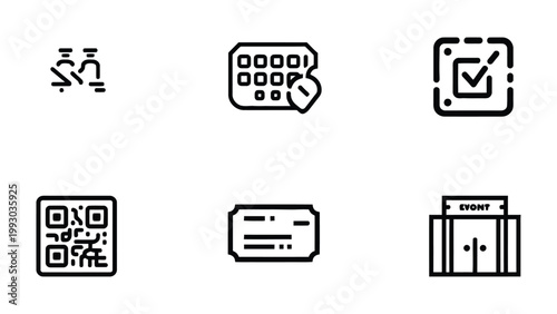 Event Icons Set: A collection of concise line art icons representing various facets of event planning and execution.