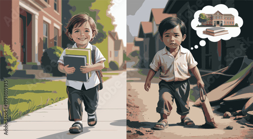 Schoolchildren with contrasting economic backgrounds walk along a path while one child carries books and the other dreams of education in this conceptual illustration.