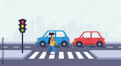 Child with backpack crossing street at crosswalk with traffic light and cars