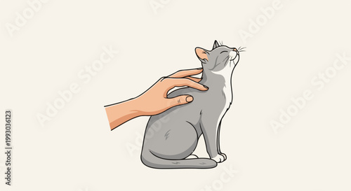 Hand petting a contented grey and white cat sitting with eyes closed