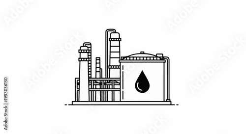 Industrial complex with distillation towers, storage tank, and oil drop symbol