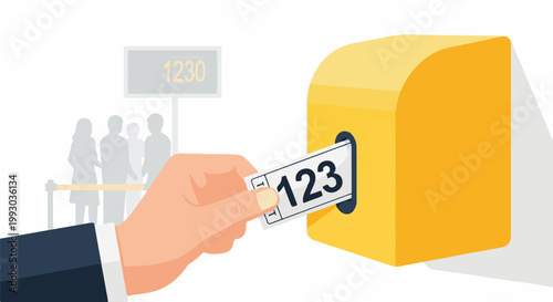 Hand inserts numbered ticket into yellow machine for service