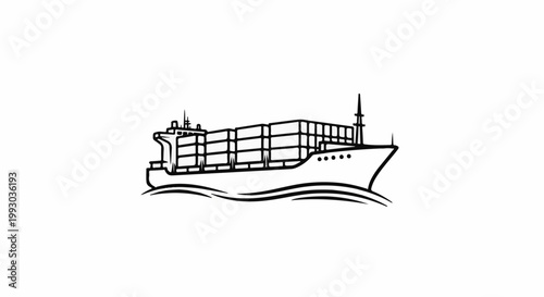 Outline of a cargo ship carrying many containers on stylized waves
