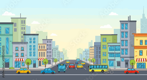Cityscape street view with cars, buses, and buildings in flat cartoon style.