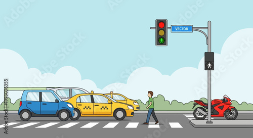 City street scene with traffic light, pedestrian crossing, cars, and motorcycle