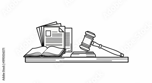 Law gavel and open book with documents on a wooden surface