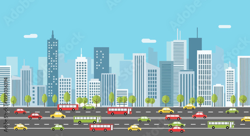 Cityscape traffic jam with cars and buses on road, urban skyline background