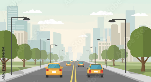 City street with cars driving on road, buildings and trees in background, urban landscape