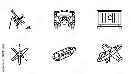 Iconic Transport Array: A set of six unique icons featuring modes of transport, perfect for use in design projects or thematic presentations.