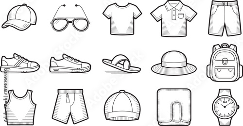 Travel accessories and clothing icons display a selection of items such as hats, sneakers, shirts, and watches in a professional line art format suitable for design projects.
