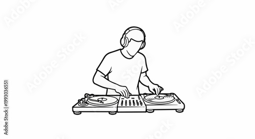 Line art of a DJ wearing headphones, mixing records on turntables