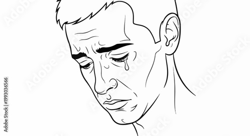 Sad man's face with tear rolling down cheek, drawn in outline style