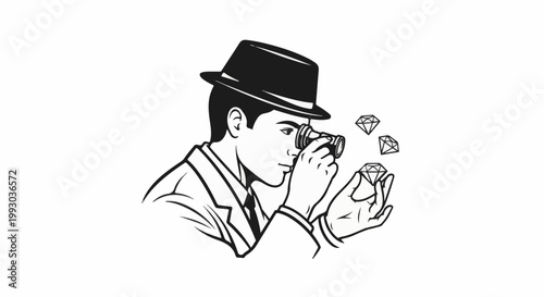 Man in hat and suit inspecting diamonds with a magnifying glass
