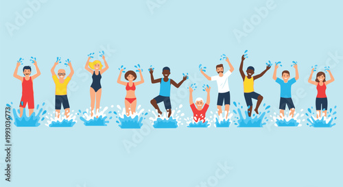 Diverse group jumping in water summer vacation fun vector banner design