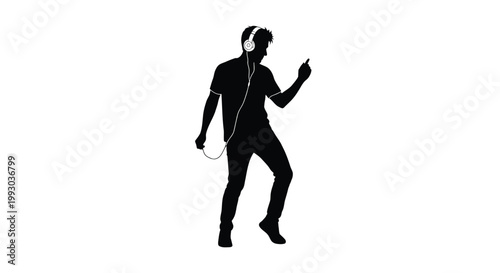 Black silhouette man wearing headphones, dancing, music lover, vector icon