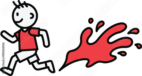 Stick figure boy running away from red paint splash vector