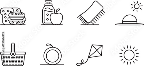 Picnic basket, sandwich, apple, sun hat, and kite icons are arranged in a clean grid pattern to represent outdoor summer leisure activities and recreation planning.