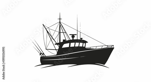 Silhouette of a fishing boat with nets and mast on white background