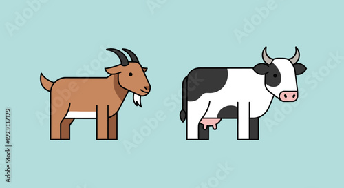 Farm animals illustrated a brown goat and a black and white cow, set against a solid blue background, depicting common livestock on a farm