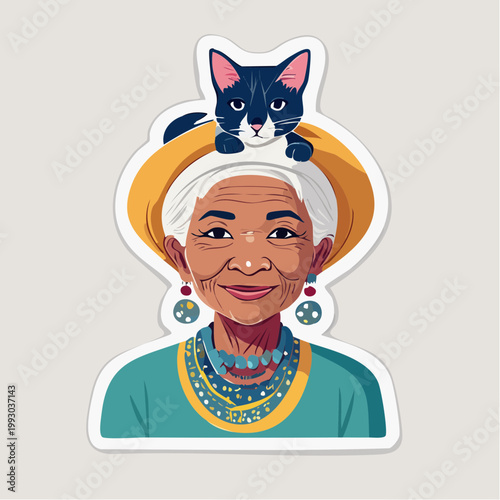 Elderly Woman with Cat on Hat