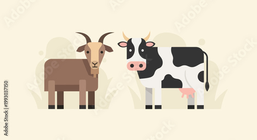 Charming flat design illustration featuring a brown goat and a black and white dairy cow standing together on a light background, depicting common farm livestock animals in a modern, stylized manner