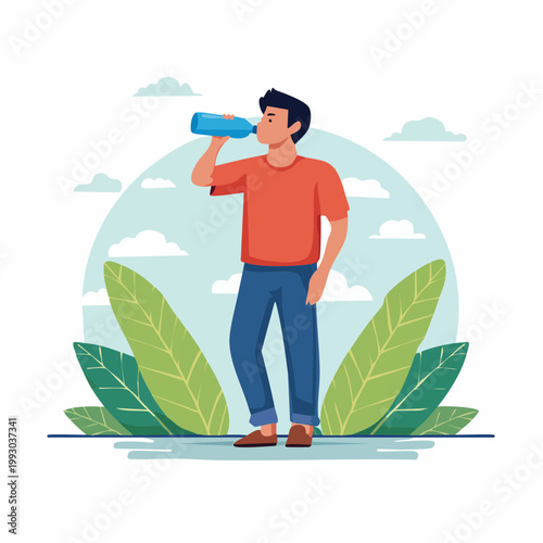 Man drinking water from a bottle outdoors